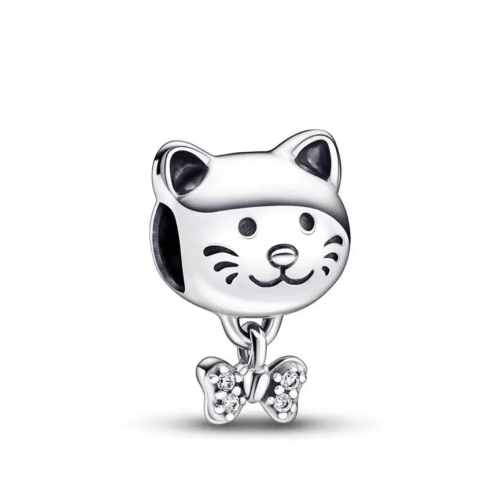 NEW•Silver 925 Cat w/Bow Tie dangle DIY charm
